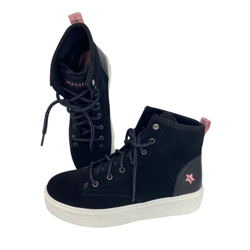 New Sketchers Y2K Style Chunky Black Leather Suede High Top Sneaker Womens 8.5